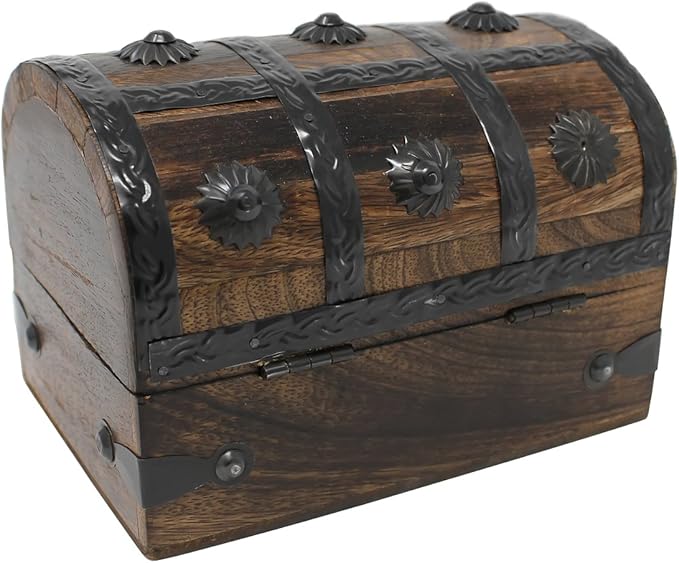 Nautical Cove Treasure Chest Keepsake and Decorative Wood Box (Medium 6.5x4.5x4.5) - Storage Box, Wooden Box with Hinged Lid, Rustic Storage, Pirate Storage Box, Vintage Wooden Chest