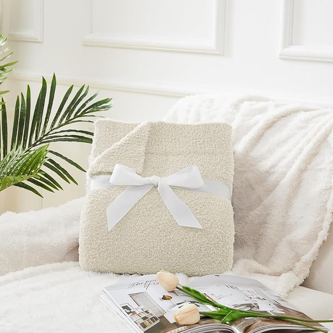 CYMULA Super Soft Knit Throw Blanket Throw Size Beige - Lightweight Plush Fuzzy Fluffy Warm Cozy Blankets and Throws for Sofa Bed All Season Use, 50x60 inches