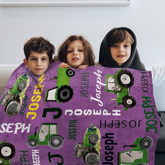 Personalized Tractors Blanket - Custom Name with Farm Tractor Trucks Design - Soft Plush Flannel Bed Blanket for Baby Kid Teen Boys Girls Customized Gifts Purple