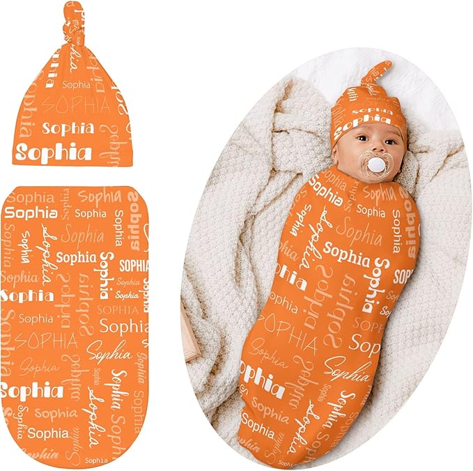 Newborn Swaddle Blankets Hat Name Lettering Orange Sets Soft Baby Receiving Blanket Swaddle Sack for Baby Shower Infant Boy Girl Gift