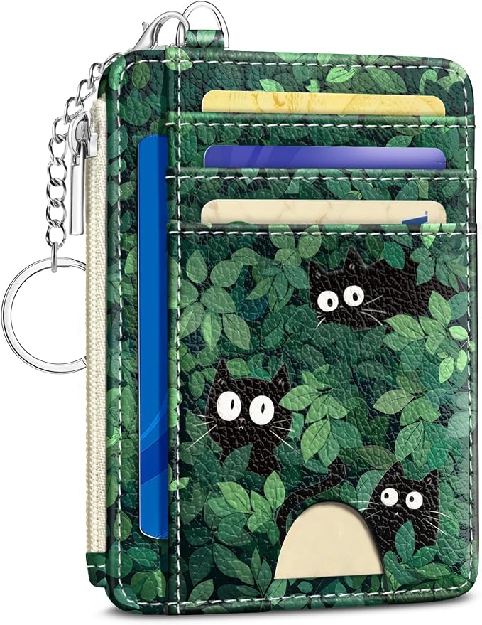 Kelvoris Credit Card Holder Small Wallet Women, Slim RFID, Black Cat Leave | Keychain, Zipper Coin Pocket, Front Pocket Thin Travel Card Case, Minimalist, 6 Card Slots, 1 ID Window, Ladies Gifts Woman