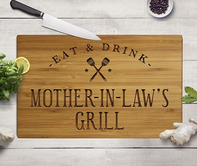 Andaz Press Large Bamboo Wood BBQ Cutting Board Gift, 17.75 x 11-inch, Mother-in-Law's Grill, 1-Pack, Laser Engraved Serving Chopping Board Christmas Birthday Cutting Boards For Kitchen