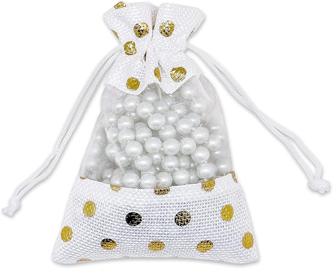 12-Pack Small Linen Burlap & Organza Gift Bags w. Drawstrings (3.5x5.5 in, White/Gold Polka) - Party Favors, Presents, Samples & Treats Mesh Pouch by The Display Guys