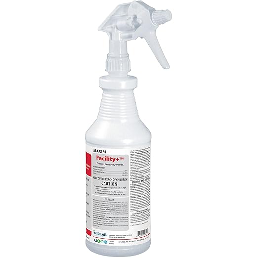 Midlab Maxim Facility+ One Step Disinfectant Cleaner and Deodorant, 1 Quart (32oz), Pack of 6, Includes 1 Trigger Sprayer, Contains Hydrogen Peroxide, Use for Fentanyl Decontamination at Full Strength