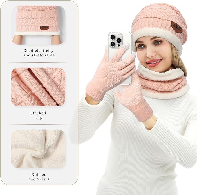 MAYLISACC Winter Knit Beanie Hat Neck Warmer Scarf and Touch Screen Gloves Set 3 Pcs Fleece Lined Skull Cap for Men Women