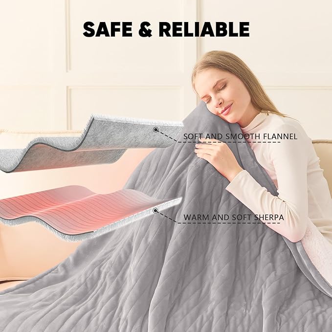 greenoak Heated Blanket Electric Queen Size 84"X90" Dual Control, Heating Blanket with 10 Heat Levels 8 Hours Auto-Off, Fleece Soft Gifts for Grandma Seniors Mom,Misty Grey