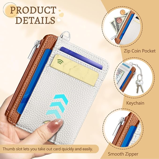 Kelvoris Credit Card Holder Small Wallet Women, Slim RFID, White Caramel | Keychain, Zipper Coin Pocket, Front Pocket Thin Travel Card Case, Minimalist, 6 Card Slots, 1 ID Window, Ladies Gifts Woman