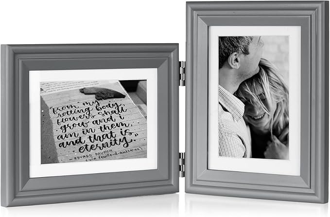 5X7 Double Wooden Hinged Picture Frame Horizontal and Vertical in Gray, Display 4x6 with Mat or 5x7 without Mat, Folding Photo Frame with Real Glass Front for Tabletop X2-HUI-HS57