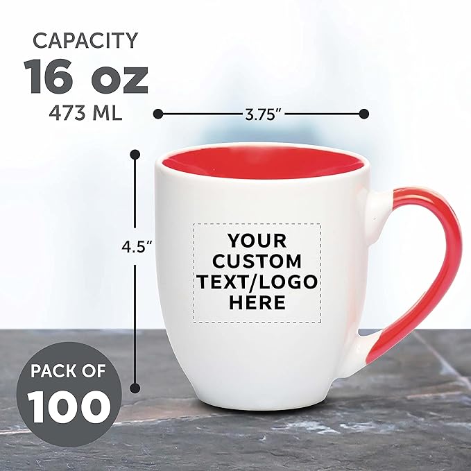 Custom Bistro Style Large Coffee Mugs 16 oz. Set of 100, Personalized Bulk Pack - Perfect for Coffee, Tea, Espresso, Hot Cocoa, Other Beverages - Red