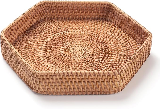 Hexagon Rattan Serving Tray for Coffee Table Woven Decorative Basket Trays for Ottoman Natural (9.8inch x 2inch)
