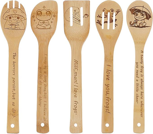 5PCS Frog Wooden Cooking Spoons Kitchen Decor Frog Gifts for Women Men Frog Lovers Birthday Gifts Party Favors Housewarming Wedding Bamboo Cooking Spoons for Everyday Use