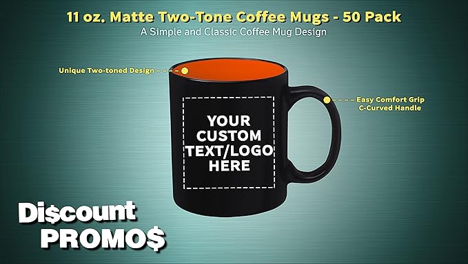DISCOUNT PROMOS 50 Matte Two-Tone Coffee Mugs Set, 11 oz. - Customizable Text, Logo - Stoneware, Drinkware, Durable, C-handle - Orange