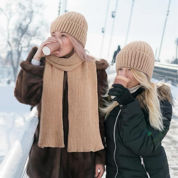 Geyoga 6 Pcs Winter Knit Set Beanie Hat Long Scarf Touchscreen Gloves Ear Muff Socks Warm Valentine Gift for Women Men Snow(Beige,Classic Style)