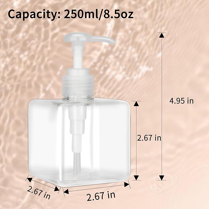 250ml (8.5oz) Pump Bottle Dispenser Jansburg 2 Pack Refillable Square Plastic Lotion Dispenser Empty Lotion Pump Bottle for Essential Oil Soap Lotion Shampoo Bathroom Travel Clear