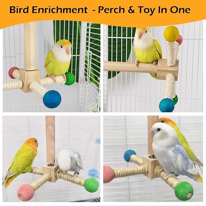 Bird Perch Toy, Kiln-Dried Wood Interactive 360° Spinning Cage Toy(S) | Exercise Wheel Parrot Toy, Enrichment Cockatiel Toy for Bird Cage, Bird Cage Accessories Perch Toy for Budgies Lovebirds