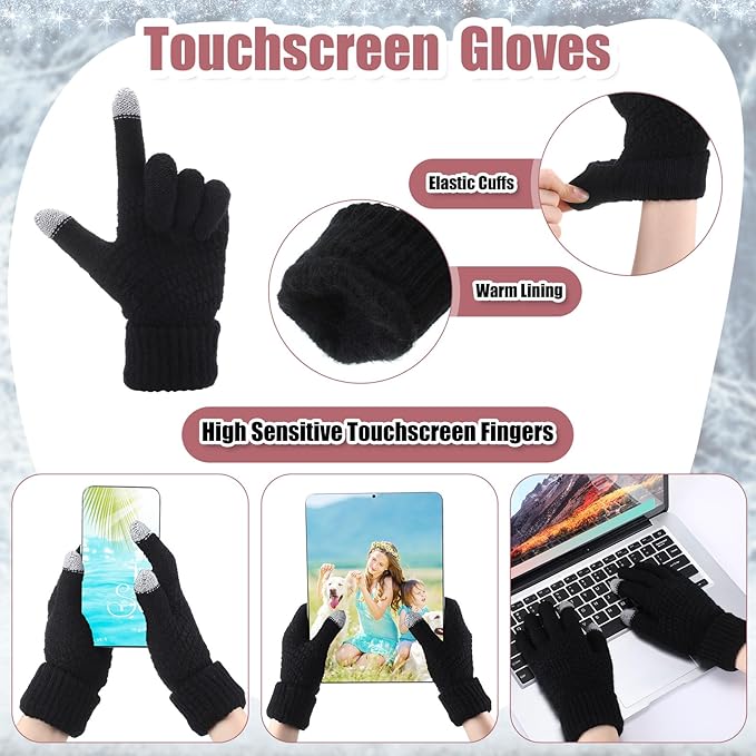 SATINIOR 5 Pcs Winter Hat Scarf Gloves Set Fleece Warm Lined Knit Beanie Hat Touch Screen Earmuff Gloves Warmer for Women(Black,Fresh Style)