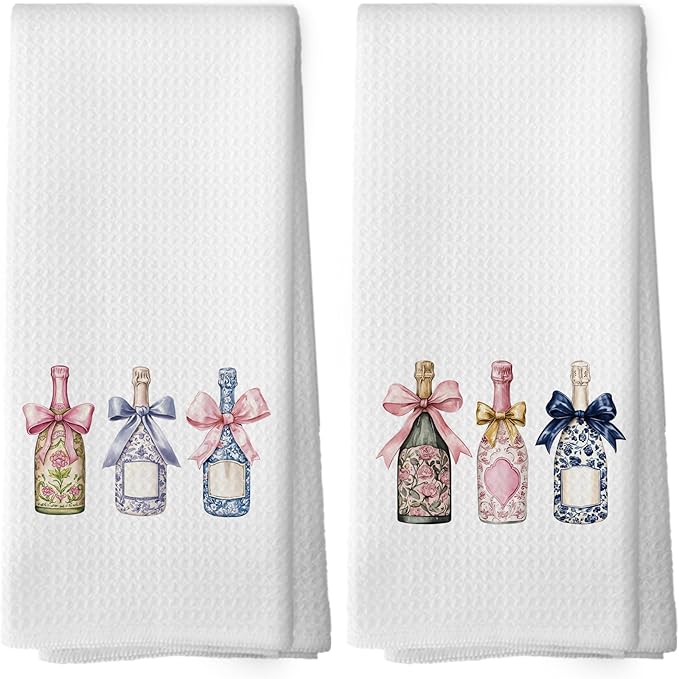 Chinoiserie Champagne Bow Kitchen Towels Set of 2, Champagne Accessories Bar Bathroom Decor, Grandmillennial Decor, Champagne Gifts for Women Bachelorettes Decorative Tea Towels 16x24 Inch