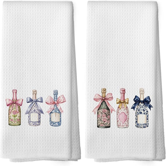 Chinoiserie Champagne Bow Kitchen Towels Set of 2, Champagne Accessories Bar Bathroom Decor, Grandmillennial Decor, Champagne Gifts for Women Bachelorettes Decorative Tea Towels 16x24 Inch