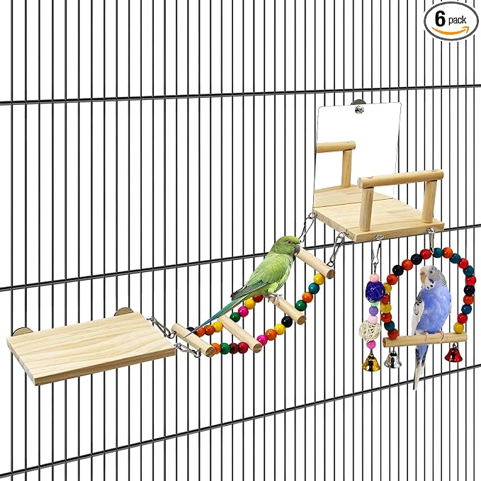 BNOSDM Bird Perch Platform with Mirror, Wooden Climbing Ladder for Parakeet, Small Bird Swing Toys with Hanging Chewing Balls Parrot Cage Accessories Budgie Playground for Cockatiel, Lovebird, Conure