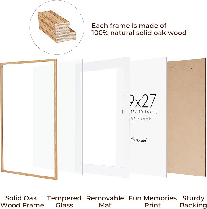 Fun Memories 19x27 Picture Frame, Solid Oak Wood, Tempered Real Glass, Matted to 16x21, Natural Oak Color, 1 Pack