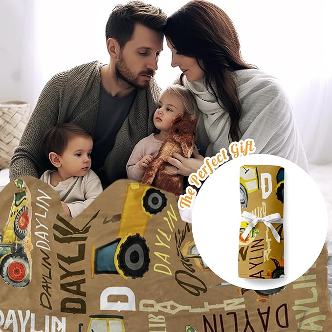 Personalized Tractors Blanket - Custom Name with Farm Tractor Trucks Design - Soft Plush Flannel Bed Blanket for Baby Kid Teen Boys Girls Customized Gifts Khaki