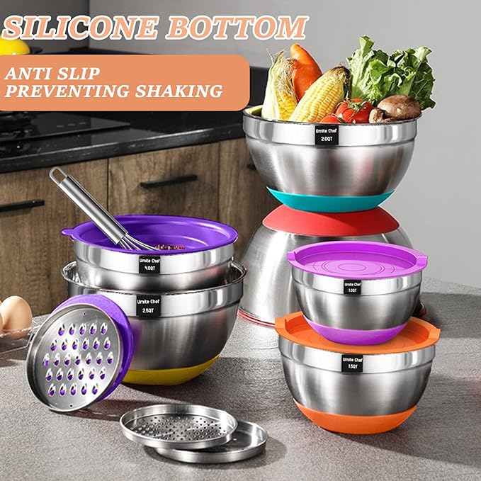 Umite Chef Mixing Bowls with Lids Set, 26Pcs Colorful Stainless Steel Bowls Set, Nesting Bowls with Grater Attachments, Large Kitchen Bowls Set with Non-Slip Bottoms for Mixing & Serving