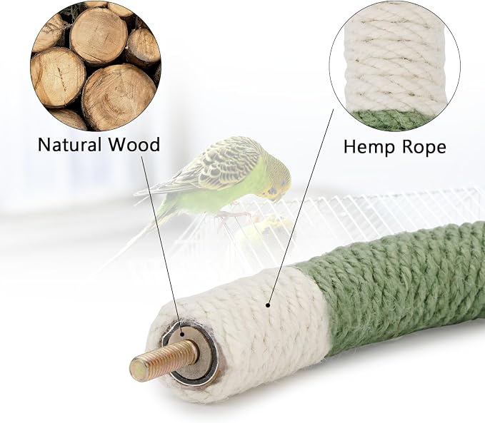 Hypeety U Shape Bird Hemp Rope Perch Parrot Paw Grinding Stand, Green, S | U shape, natural wood with hemp rope, grinding paw and beak naturally, birdcage accessories, for budgies/cockatiels/conures