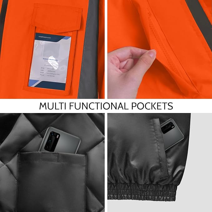 High Vis Safety Jackets, Reflective Work Jacket with Pockets for Men& Women, Construction Coats for Winter Cold Weather, Waterproof Rain Jacket, Class 3, Orange-Black, XXL