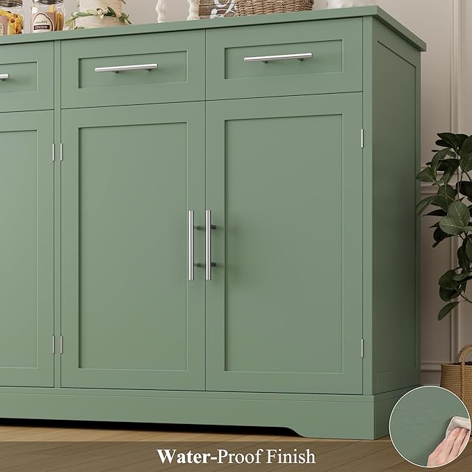 HOSTACK 60" Large Buffet Sideboard with Storage, 36" Tall Kitchen Buffet Storage Cabinet with 4 Drawers, Modern Coffee Bar Cabinet with Gold Handles, Long Sideboard Buffet Table for Kichen, Green
