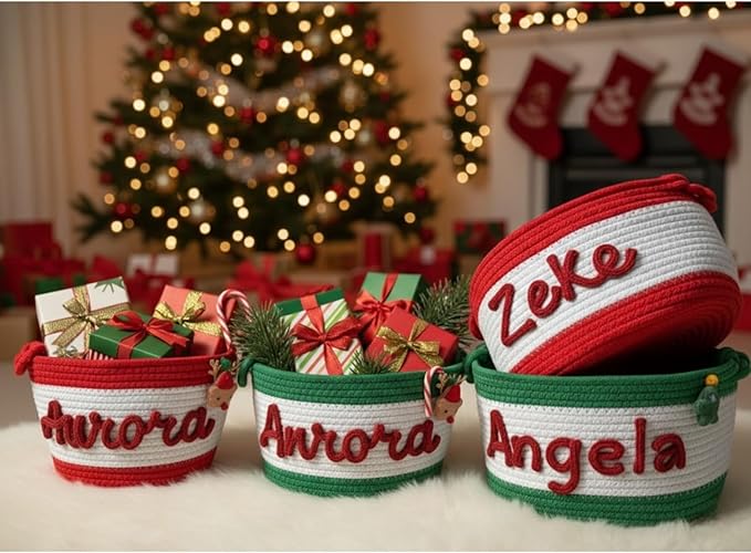 Personalized Baby Shower Basket with Name - Custom Christmas Gift Basket - Newborn Baby Gift Basket, Children's Toy Storage Box, Rope Cotton Bag, Nursery Storage, Small Diaper Caddy Organizer