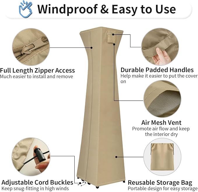 OutdoorLines Waterproof Outdoor Patio Heater Covers with Zipper and Storage Bag, Dust-proof UV-Resistant Windproof Propane Heavy Duty Heater Cover for Standing Heater, 2 Packs-90Hx23Lx23W inch Camel
