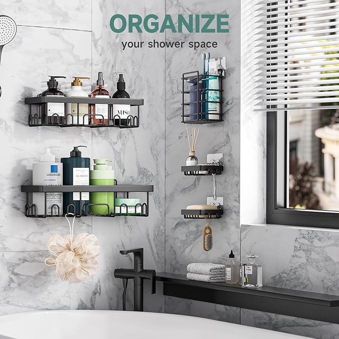 Veken Rustproof & Waterproof Shower Caddy 5-Pack, No Drilling Adhesive Wall Mounted Shower Shelves, Racks For Inside Shower, Large Bathroom Organizer Storage Accessories, Ideal for Home&Kitchen, Black