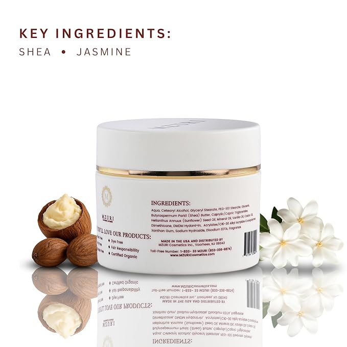 MZURI Body Butter, Whipped Shea and Jasmine Blend, Fast-Absorbing, Deep Moisturizing Cream with Essential Oils, Non-Greasy, Natural Skincare for Dry, Glowing Skin, Organic Butter - 8 Fl. Oz