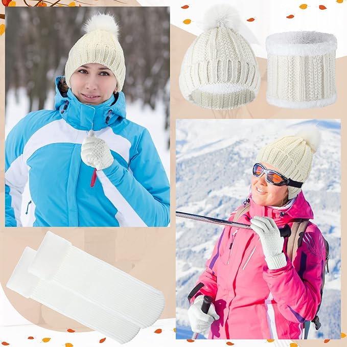 SATINIOR 5 Pcs Winter Hat Scarf Gloves Set Fleece Warm Lined Knit Beanie Hat Touch Screen Earmuff Gloves Warmer for Women(White,Classic Style)