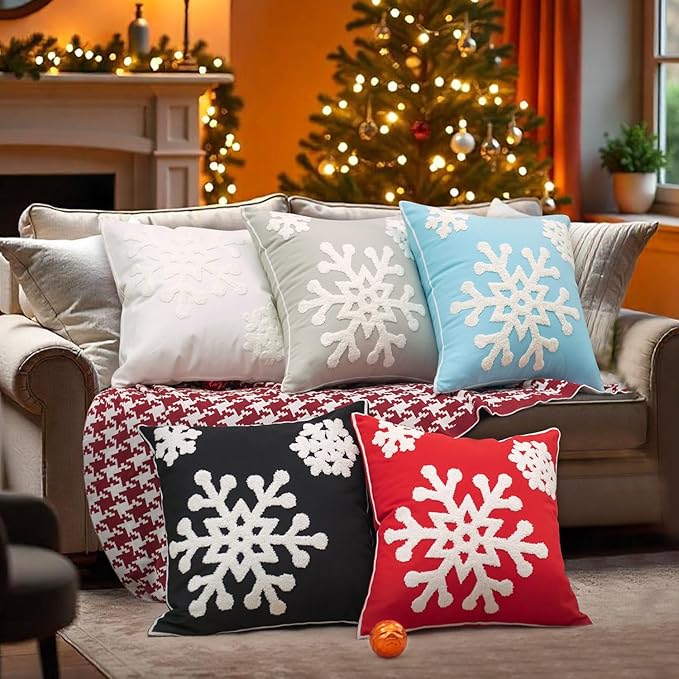 Elife Soft Square Christmas Snowflake Home Decorative Canvas Cotton Embroidery Throw Pillow Covers 18x18 Cushion Covers Pillowcases for Sofa Bed Chair (1 Pair, Sky Blue)