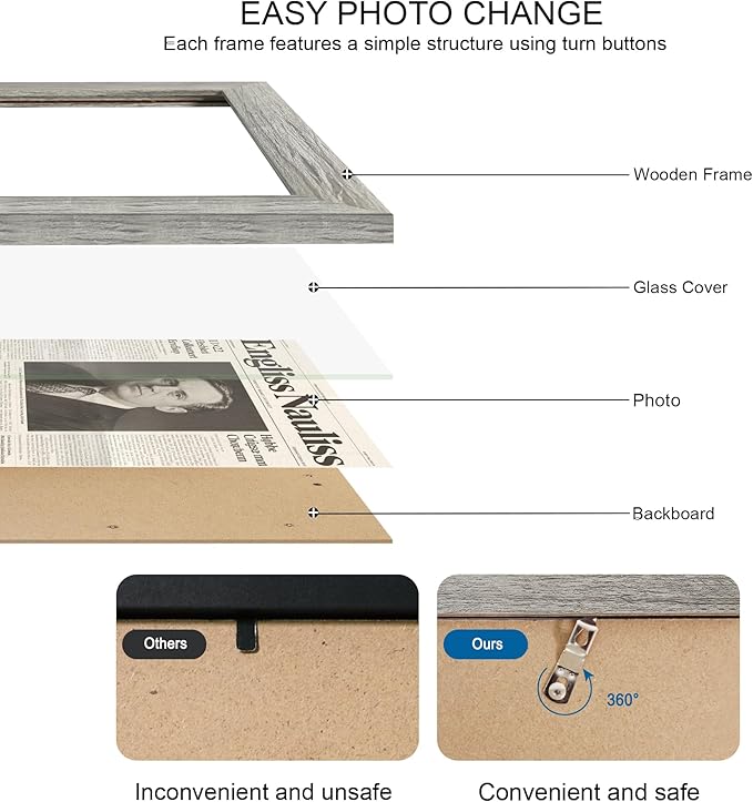 11x22 Newspaper Frame 2 Packs, Real Glass and Grey Wood Frame, Display Panoramic 11 x 22 Magazine Frames - Horizontal or Vertical Wall Mounting