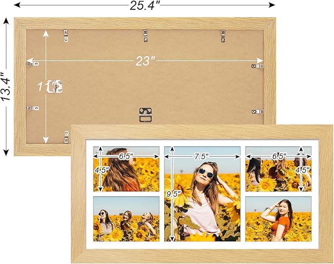 11x23 Picture Frame Display 5 opening 5x7 and 8x10 Picture Frame Collage,Multi Photo Frame with Mat,Plexiglass,Horizontal and Vertical Formats for Wall Decor,Natural Wood Grain