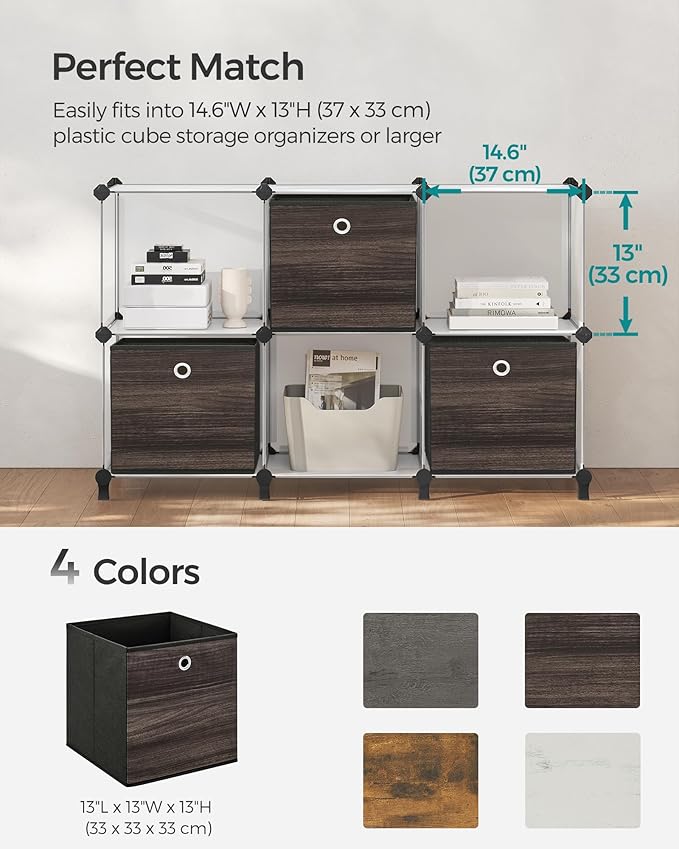 SONGMICS Storage Cubes, Set of 6 Storage Bins with Handles, Foldable Oxford Fabric and Non-Woven Fabric Storage Boxes, 13 x 13 x 13 Inches, Fit Cube Storage Unit, Chestnut Brown URFB133K01