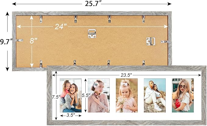8x24 Collage frame with 5 Openings 4X6 Pictures, Multiple Picture Frame with Mat, Wall or Tabletop Decor, Grey Wood Grain (1 Pack)