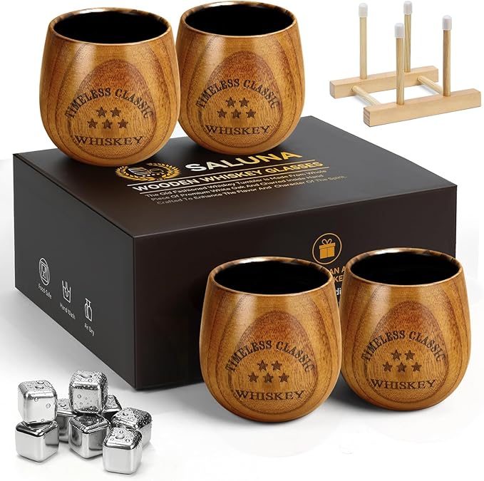 SALUNA Wooden Whiskey Glasses Set 4 - Charred Wooden Bourbon Drinking Glass, Whisky Glass Sets Bourbon Gifts for Men, Dad or Brother On Birthday Christmas Anniversary Retirement 10 OZ