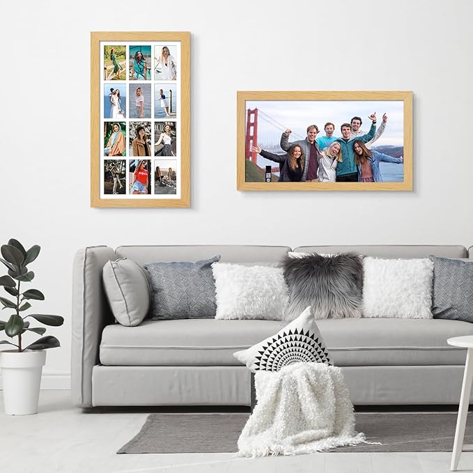 13x25 Picture Frame Display 12 opening 4X6 Picture Frame Collage,Multi Photo Frame with Mat,Plexiglass,Wall Mount Decor,Natural Wood Grain