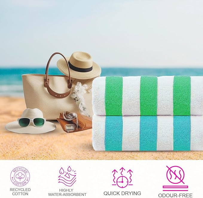 CASA COPENHAGEN Cabana Beach Towels Designed in Denmark Rough and Tough, Quick Dry, for Pool, Bath & Shower 30x60 inches 4 Pieces Cotton Beach Bath Towels Set - Turquoise,Royal Blue,Pink,Green