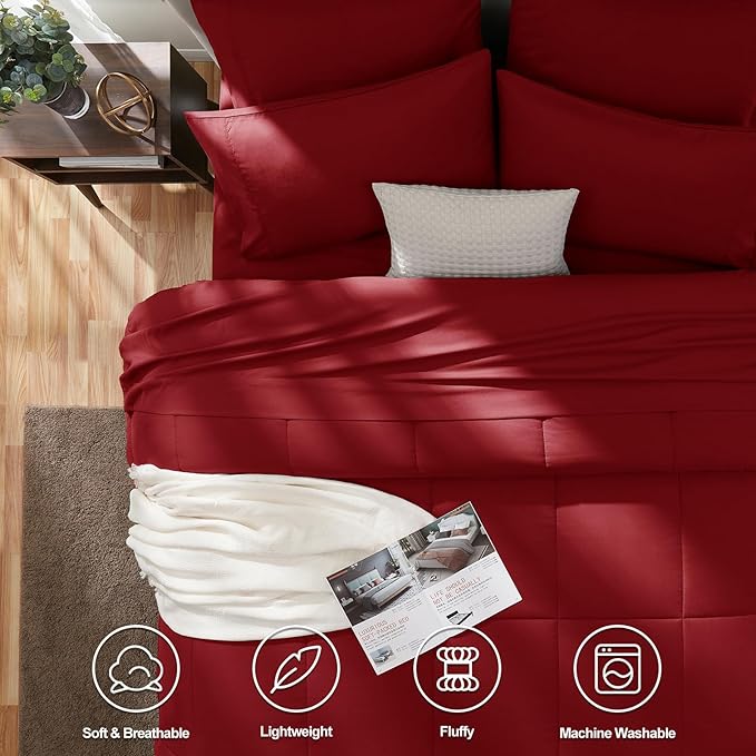 CozyLux Full Size Comforter Sets Dark Red, 7 Pieces Bed in a Bag, Red Comforter Full Size, All Season Bedding Sets with Stitch Quilted Comforter, Flat Sheet, Fitted Sheet, Pillowcases