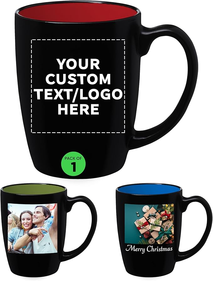 DISCOUNT PROMOS 1 Java Two Tone Coffee Mugs Set, 12 oz. - Customizable Text, Logo - Stoneware, Durable, Easy Grip - BLACKRED