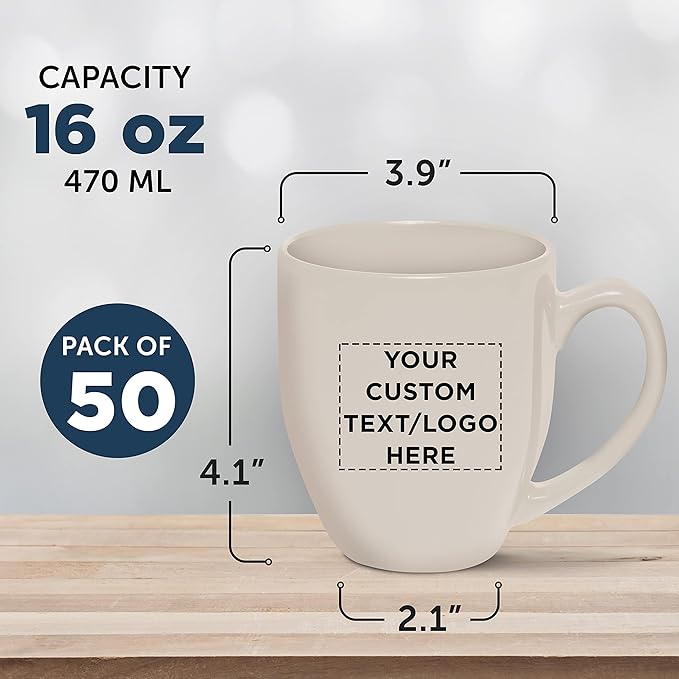 Custom Large Coffee Cups 16 oz. Set of 50, Personalized Bulk Pack - Perfect for Tea, Espresso, Cappuccino, Hot Cocoa - Grey