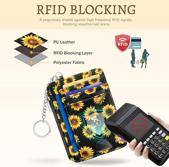 Kelvoris Credit Card Holder Small Wallet Women, Slim RFID, Sunflower | Keychain, Zipper Coin Pocket, Front Pocket Thin Travel Card Case, Minimalist, 6 Card Slots, 1 ID Window, Ladies Gifts Woman