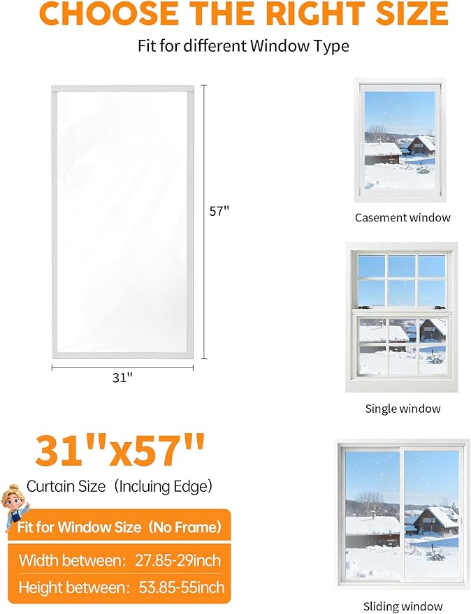 Ready-to-Install Plastic Window Insulation Film 31″×57″ (Fits 28″×54″ Windows), Reusable Clear Draft Protection Window Cover with Built-in Hook & Loop Edge, No Cutting or Messy Tape