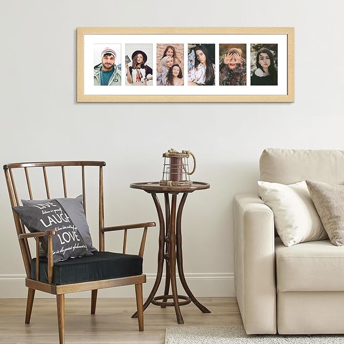 8x26 Collage frame with 6 Openings 4X6 Pictures, Multiple Picture Frame with Mat, Wall or Tabletop Decor, Natural Wood Grain (1 Pack)