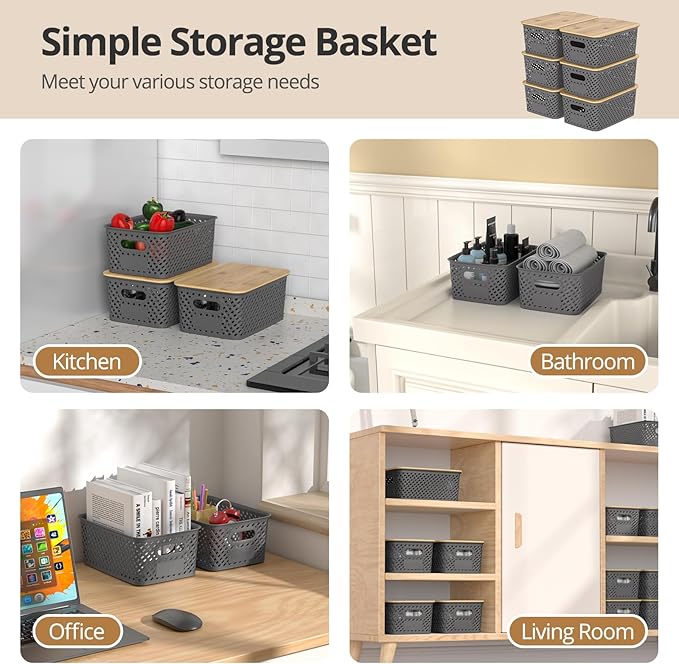 Plastic Storage Bins with Bamboo Lids, Stackable Small Box Baskets for Organizing and Containers for Shelves Drawers Desktop Closet Pantry Classroom Office Home, 6 Pack 10.2x7.2x4.1 Inch, Gray