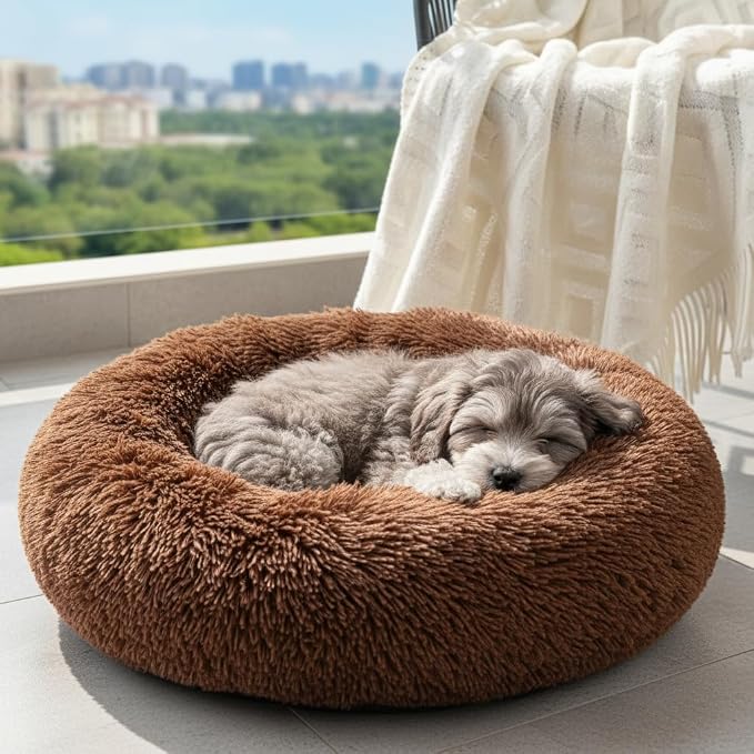 Soft Plush Round Pet Bed for Cats or Small Dogs, Mini Sized Dog Cat Bed | Soft Long Shag Faux Fur, Warming Cushion, Anti Slip Water Resistant Base, Machine Washable for Kittens, Ferret, Bunny Pets